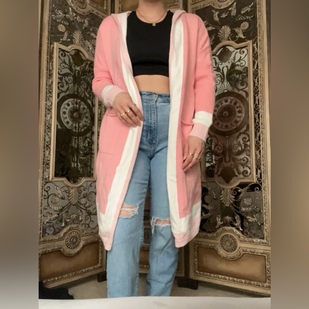 Pink Open-Front Long Cardigan Sweater with White Trim